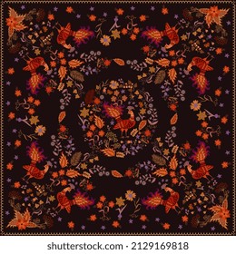 Luxury composition in vintage style with fabulous birds, bouquets of flowers, leaves, berries, butterflies isolated on black background in vector. Print for scarf, shawl, box cover, carpet, pillow.