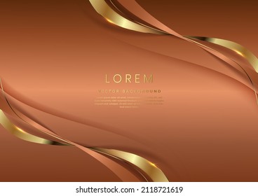 Modèle de concept de luxe forme de ligne de courbe dorée 3d sur fond élégant marron et ligne de ruban doré avec espace pour texte. Illustration vectorielle