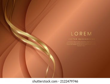 Luxury concept template 3d golden curve line shape on brown elegangt background and golden ribbon line with copy space for text. Vector illustration