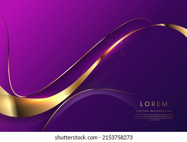 Luxury concept template 3d purple curve shape on violet elegangt background and golden ribbon line with copy space for text. Vector illustration