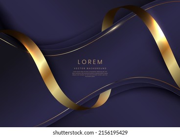 Luxury concept template 3d purple curve shape on violet elegangt background and golden ribbon line with copy space for text. Vector illustration