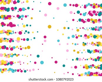 Luxury confetti circle decoration for card background, holiday vector illustration. Childish color round confetti dots, circles chaotic scatter, trendy rich bokeh background.