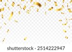 Luxury confetti flying for celebration party banner. Falling shiny golden confetti isolated on transparent background. confetti illustration.