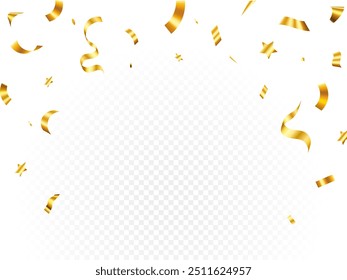 Luxury confetti flying for celebration party banner, Falling shiny gold confetti isolated on transparent background. Birthday, Holiday, New Year, Carnival festivity, confetti,