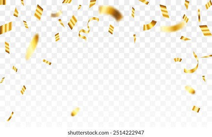 Luxury confetti flying for celebration party banner. Falling shiny golden confetti isolated on transparent background. confetti illustration.