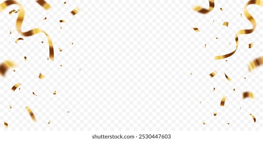 Luxury confetti flying for celebration party banner, Falling shiny gold confetti isolated on transparent background. Birthday, Holiday, New Year, Carnival festivity, confetti,