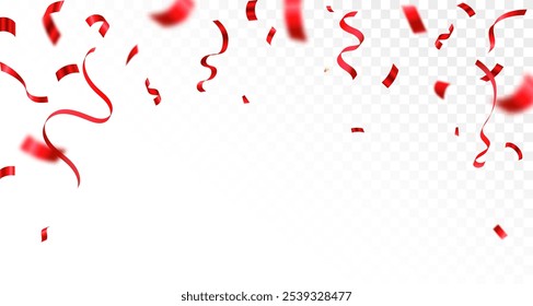 Confeti de lujo que vuela para el Anuncio del partido de la celebración, confeti brillante del color rojo que cae aislado en fondo transparente. Cumpleaños, Festiva, Año Nuevo, Fiesta del carnaval, confeti,