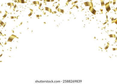 Luxury confetti flying for celebration party banner. Falling shiny golden confetti isolated on transparent background. confetti illustration.