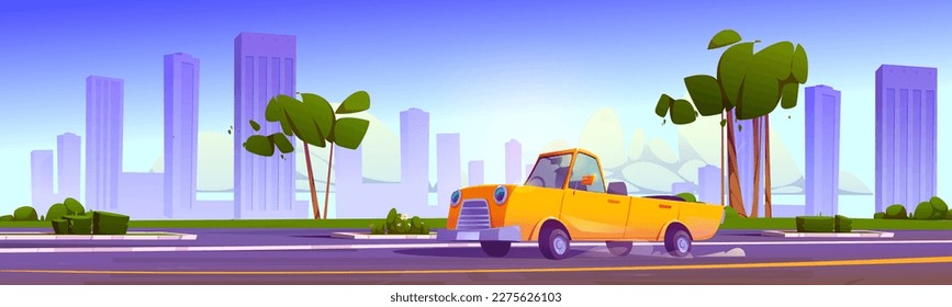 Luxury convertible and road cartoon city vector landscape. Yellow vintage car on street in town game background. Urban scene side view cityscape wallpaper with skyscrapers. Luxurious cabriolet drive.