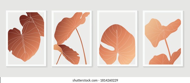 Luxury copper gold cover design template. Tropical line arts hand draw gold exotic flower and leaves. Design for packaging design, social media post, cover, banner, Wall arts. Vector illustration.