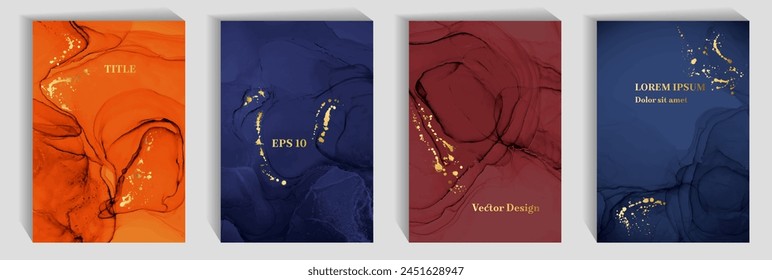 Luxury corporate business card backgrounds vector set. Fluid acrylic paint texture, foil spatter. Rich birthday greeting card patters, posters bundle. Decorative paper prints.