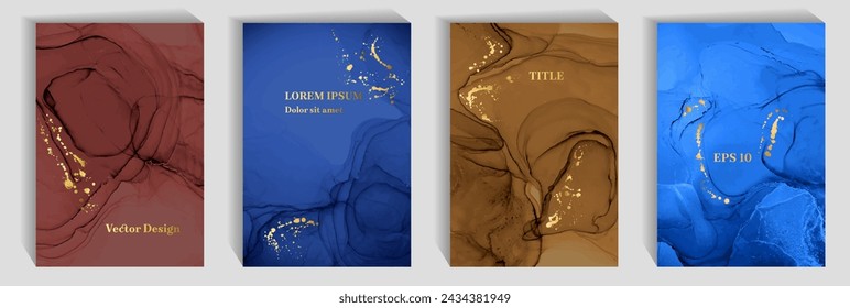 Paquete de vectores de patrones de tarjetas de visita corporativas de lujo. Textura de las olas de piedra de mármol, salpicaduras de oro. Fondos de invitación de boda premium, colección de banners. Folletos brillantes de vacaciones.