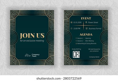 Luxury corporate event invitation template, dark green and champagne gold vector design with join us lettering for company anniversary and gala dinner
