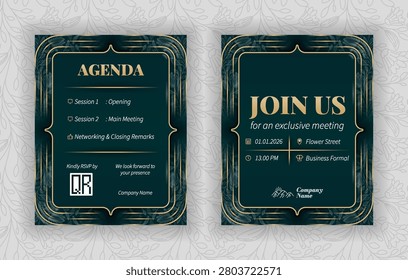 Luxury corporate event invitation template, dark green and champagne gold vector design with join us lettering for company anniversary and gala dinner
