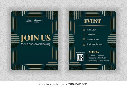 Luxury corporate event invitation template, dark green and champagne gold vector design with join us lettering for company anniversary and gala dinner