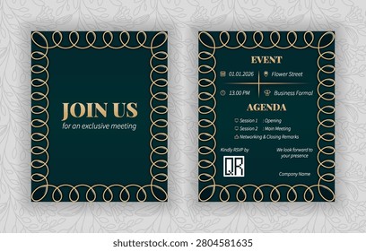Luxury corporate event invitation template, dark green and champagne gold vector design with join us lettering for company anniversary and gala dinner