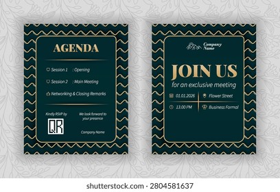 Luxury corporate event invitation template, dark green and champagne gold vector design with join us lettering for company anniversary and gala dinner