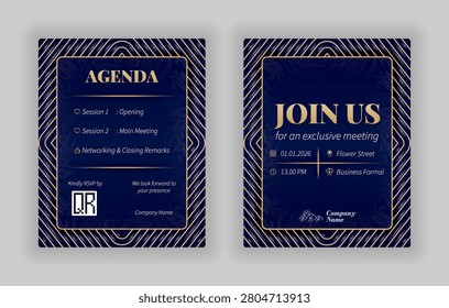 Luxury corporate event invitation template, navy blue and champagne gold vector design with join us lettering for company anniversary and gala dinner