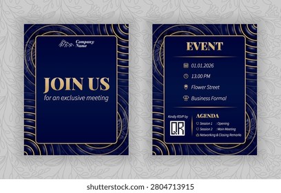 Luxury corporate event invitation template, navy blue and champagne gold vector design with join us lettering for company anniversary and gala dinner