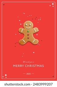 Luxury Corporate Holiday card with Christmas gingerbread man cookie, red background and copy space. Universal artistic templates, vector illustration