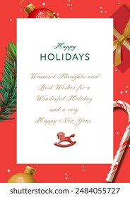 Luxury Corporate Holiday card with Christmas elements, xmas ball, pine tree branches, gift box frame, red background and copy space. Universal artistic template, vector illustration