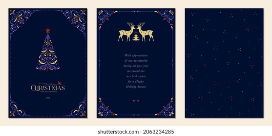 Luxury Corporate Holiday cards with Christmas tree, reindeers, bird, decorative ornate frame, background and copy space. Universal artistic templates.