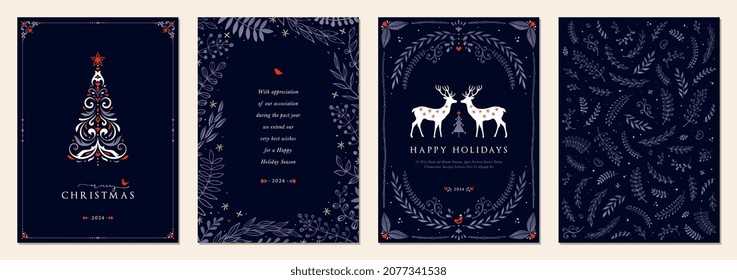 Luxury Corporate Holiday Cards With Christmas Tree And Reindeers, Birds, Ornate Floral Frames, Background And Copy Space. Universal Artistic Templates.