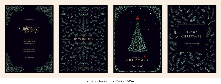 Luxury Corporate Holiday cards with Christmas tree, birds, ornate floral frames, background and copy space. Universal artistic templates.