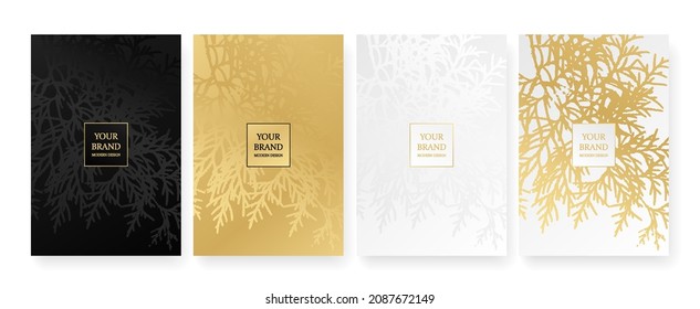 Luxury Corporate Holiday Cards With Christmas Tree.
Tropical Cover Design Set With Branchs Branch. Holiday Black And Gold Pattern For Vector Floral Wedding Party Card, Luxury Menu Template