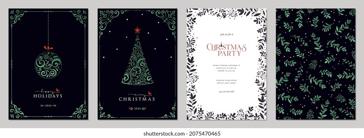 Luxury Corporate Holiday cards with ornate Christmas tree, Christmas ornament, bird, decorative floral frames, background and copy space. Universal artistic templates.