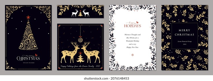 Luxury Corporate Holiday cards with ornate Christmas tree, Christmas ornament, reindeers, bird, decorative floral frames, background and copy space. Universal artistic templates.