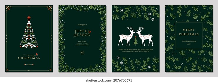 Luxury Corporate Holiday cards with ornate Christmas tree, reindeers, bird, decorative floral frames, background and copy space. Universal artistic templates.