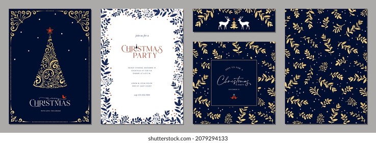 Luxury Corporate Holiday cards with ornate Christmas tree, reindeers, bird, decorative floral frames, background and copy space. Universal artistic templates.