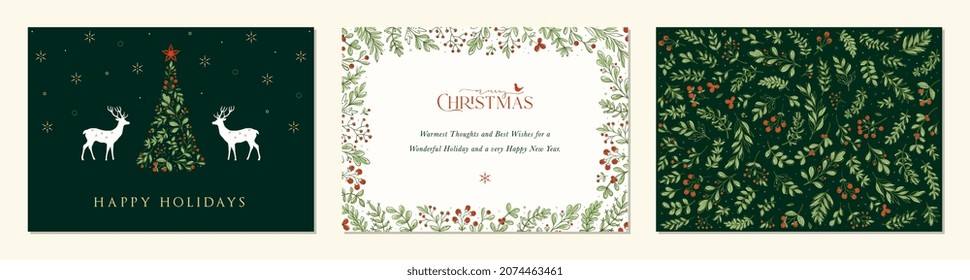 Luxury Corporate Merry and Bright Horizontal Holiday cards. Christmas, Holiday templates with Christmas tree, reindeers, bird, floral background and frames with greetings and copy space.
