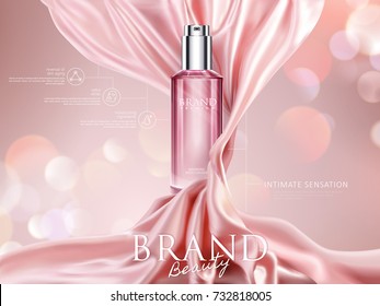 Luxury Cosmetic Ads, Pink Translucent Bottle With Dynamic Satin Elements Isolated On Bokeh Background, 3d Illustration