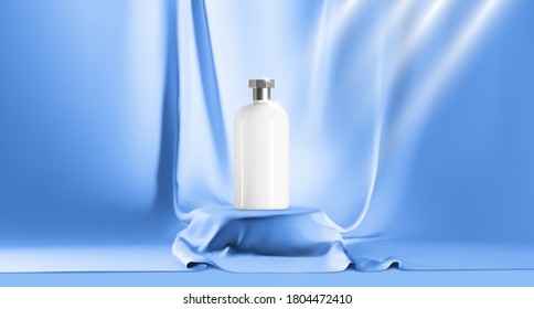 Luxury cosmetic ads, realistic cosmetic bottle with blue silk cloth background. Use for cosmetic or products presentations. Cloth podium