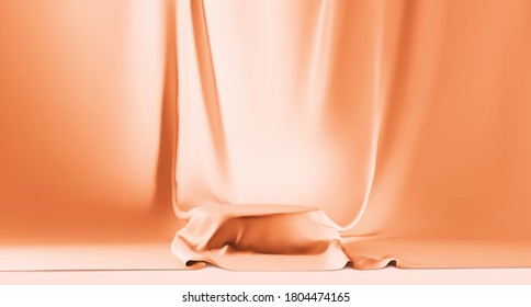 Luxury cosmetic ads, realistic cosmetic orange silk cloth background. Use for cosmetic or products presentations. Cloth podium 