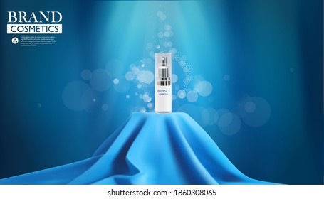 Luxury cosmetic ads,Bottle of Cosmetic with Blus fabric on bokeh background.Blue cosmetic premium. Makeup products brand. 3D illustration.