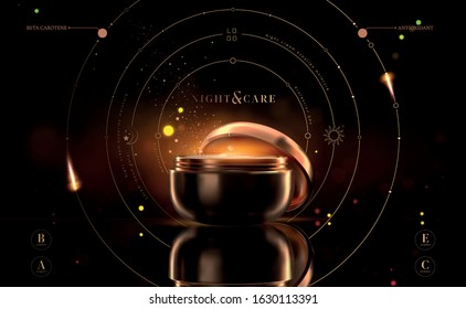 Luxury cosmetic black and gold night cream jar for skin care products. Facial cream. Beautiful flyer or banner design for cosmetic ads. Elegant cosmetic premium cream template. Makeup brand
