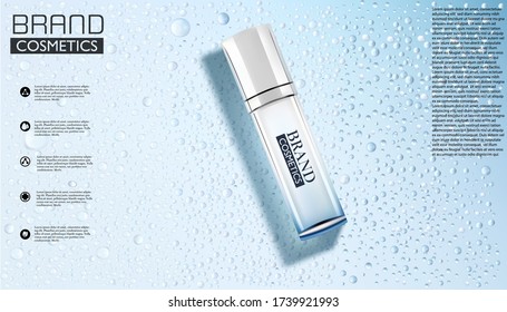 Luxury cosmetic Bottle package, Beauty cosmetic product poster with water drops and Blur background.