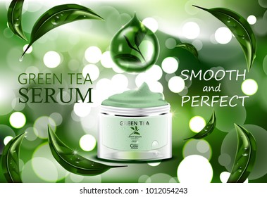 Luxury cosmetic Bottle package skin care cream, Green tea serum, Beauty cosmetic product poster, with Bokeh and Water background