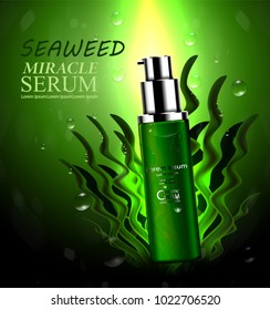 Luxury cosmetic Bottle package skin care cream, Seaweed serum, Beauty cosmetic product poster, with Bokeh and Water background