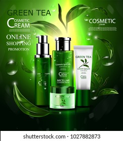 Luxury cosmetic Bottle package skin care cream, Green tea serum set, Beauty cosmetic product poster, with Bokeh and Water background