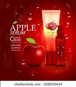 Luxury cosmetic Bottle package skin care cream, Beauty cosmetic product poster, with Bokeh and red apple background