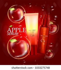 Luxury cosmetic Bottle package skin care cream, Beauty cosmetic product poster, with Bokeh and bubble red apple background