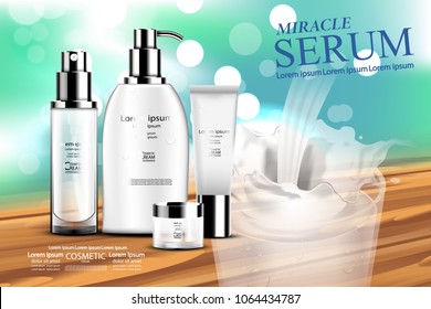 Luxury cosmetic Bottle package skin care cream, Beauty cosmetic product poster, with Bokeh and wooden background