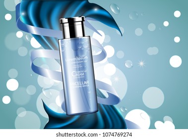 Luxury cosmetic Bottle package skin care cream, Beauty cosmetic product poster, with Blue fabric cotton and Bokeh background