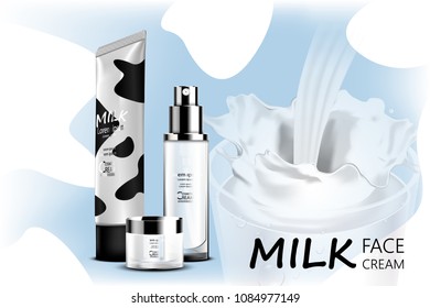 Luxury cosmetic Bottle package skin care cream, Beauty cosmetic product poster, with milk splash background