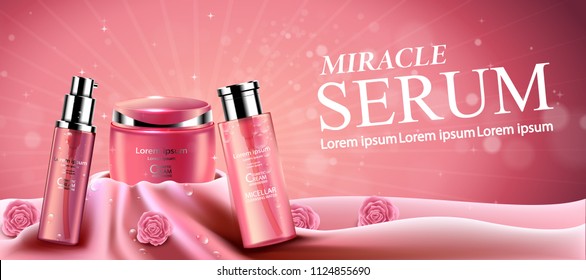 Luxury cosmetic Bottle package skin care cream, Beauty cosmetic product poster, with cotton fabric and Bokeh background