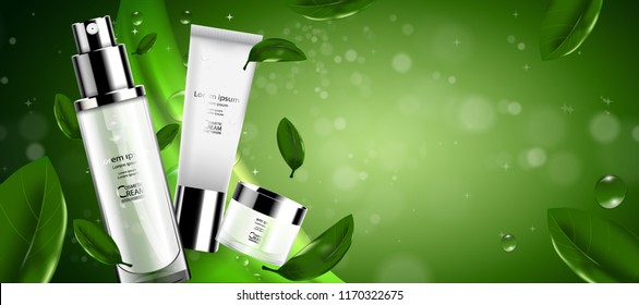 Luxury cosmetic Bottle package skin care cream, Green tea serum set, Beauty cosmetic product poster, with Bokeh and Water background